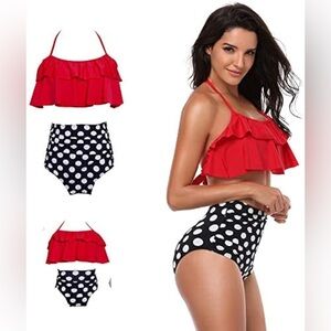 Pinup girl rockabilly red Ruffle Bikini Set with Polka Dot High-Waist Bottoms